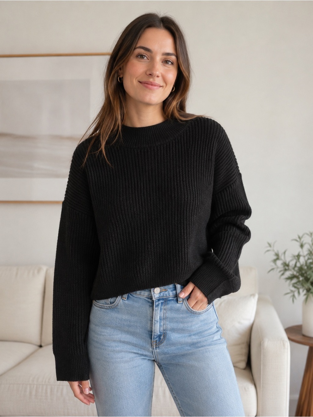 Cupshe Black Crewneck Knit Sweater